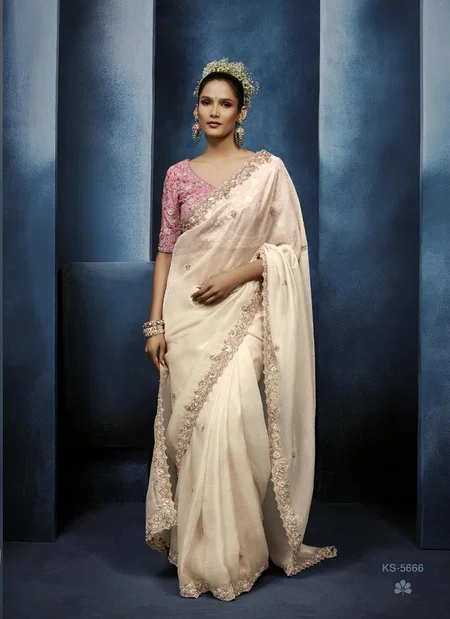 Cream Colour Masakali Vol 15 By Kimora Pure Fancy Embroidery Work Designer Saree Ks 5666